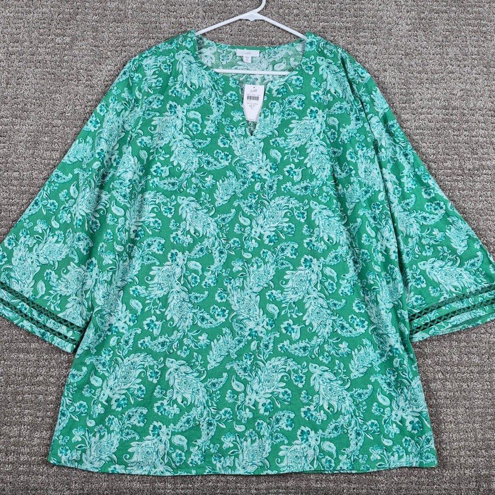 J. Jill Tunic Top Womens XLT Green Paisley Linen Viscose Lace Trim Boho NEW